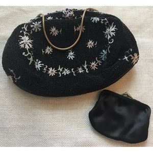 E. GRILLOT OF PARIS FRANCE FLORAL BEADED HAND MADE BAG WIT COIN POUCH - VTG